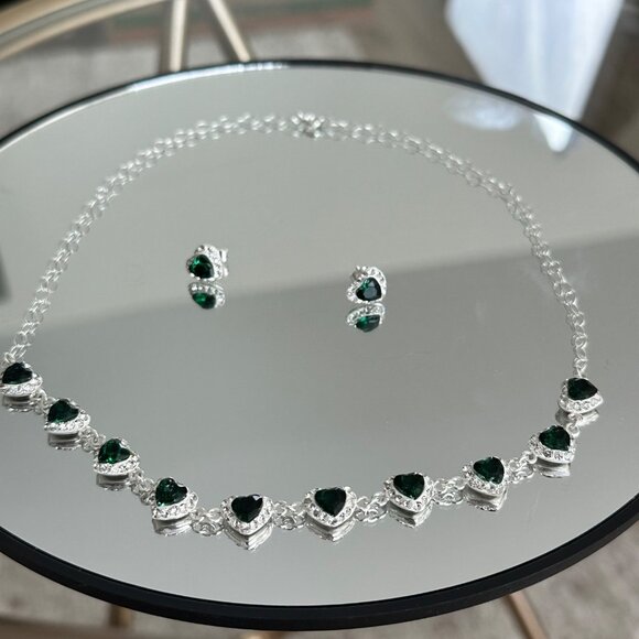 Sterling Silver 925 Choker Heart Green Zircons Stunning Set & Earrings - Picture 12 of 12
